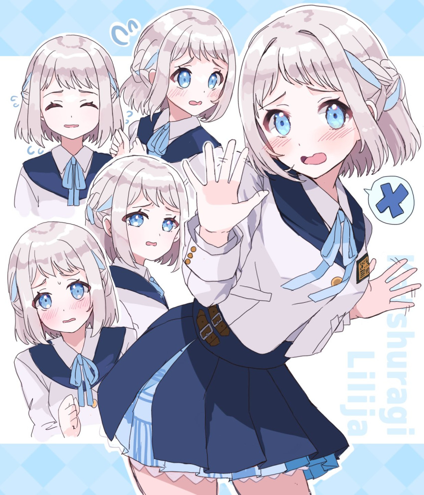 1girl :o ^_^ blue_overskirt blue_ribbon blue_sailor_collar blue_skirt blush closed_eyes flying_sweatdrops gakuen_idolmaster grey_hair hair_ribbon half_up_braid hatsuboshi_gakuen_school_uniform highres idolmaster jacket katsuragi_lilja long_sleeves looking_at_viewer maru51 multiple_views neck_ribbon pleated_skirt ribbon ribbon_braid sailor_collar school_uniform shirt short_hair skirt spoken_x sweatdrop waving_hands white_jacket white_shirt
