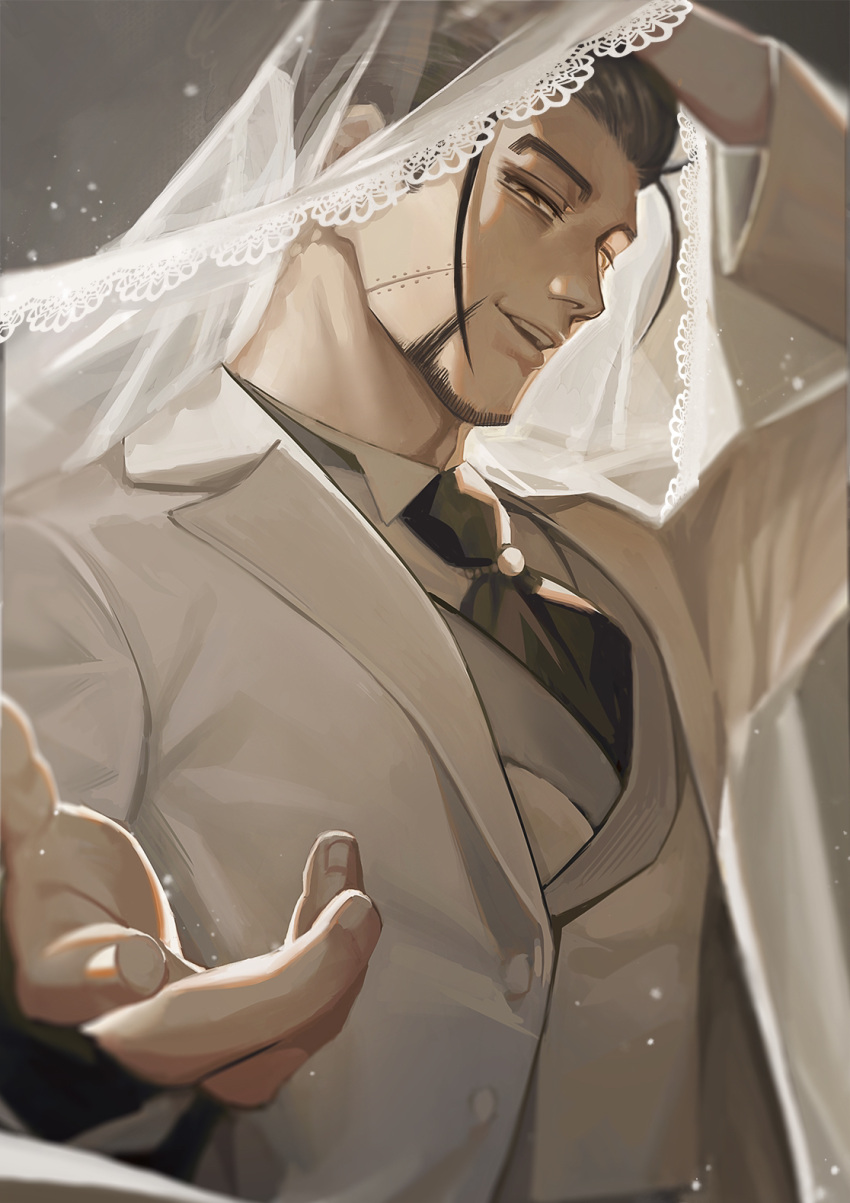 1boy alternate_costume ascot beckoning black_ascot black_hair bridal_veil buttons facial_hair formal golden_kamuy groom hair_slicked_back hair_strand hand_in_hair hand_on_head highres jacket long_sleeves male_focus midomido ogata_hyakunosuke scar scar_on_cheek scar_on_face short_hair solo suit upper_body veil white_jacket white_suit wing_collar yellow_eyes