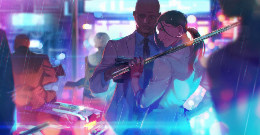 5boys bald blood blood_on_clothes blood_on_weapon blurry commentary_request depth_of_field earrings formal green_eyes henchman_(hotline_miami) highres holding holding_sword holding_weapon hotline_miami hotline_miami_2:_wrong_number jacket jewelry male_focus meipu_hm multiple_boys neon_lights outdoors pants rain son_(hotline_miami) standing sword weapon