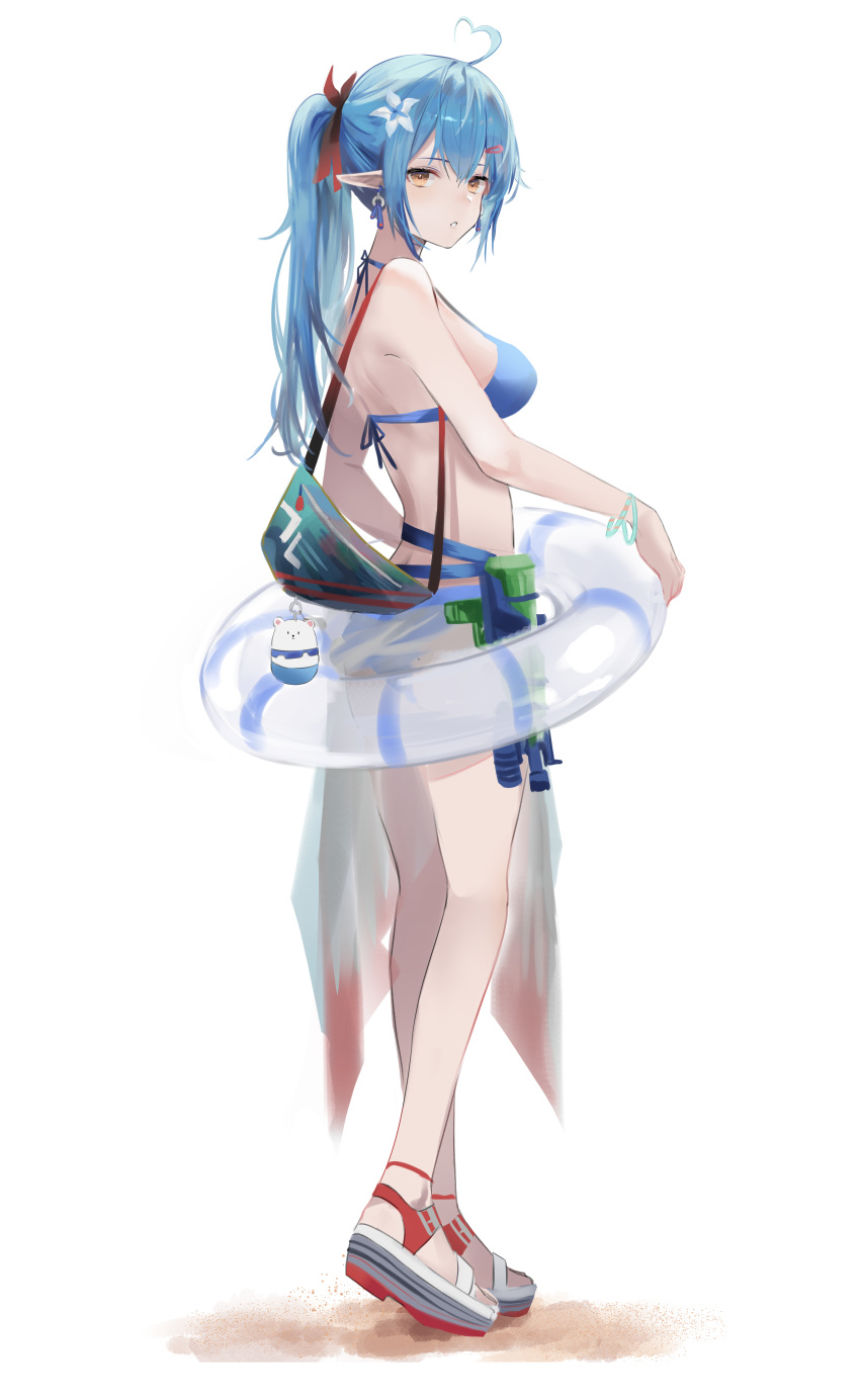 1girl absurdres ahoge bag bag_charm bare_legs bare_shoulders blue_hair breasts charm_(object) elf expressionless flower full_body hair_flower hair_ornament heart_ahoge highres hololive innertube jenmin12 long_hair looking_at_viewer looking_back medium_breasts parted_lips pointy_ears ponytail sandals shoulder_bag simple_background standing virtual_youtuber water_gun white_background white_flower white_footwear wristband yellow_eyes yukihana_lamy