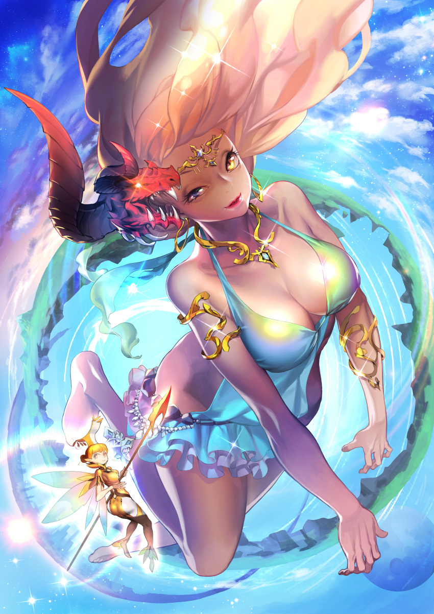 absurdres armlet ass bangs bare_shoulders barefoot beach bikini blonde_hair blue_sky bracelet breasts cleavage cloud commentary dark_skin day dragon_horns dress english_commentary fairy fairy_wings flying hair_ornament heterochromia highres horns jewelry large_breasts lips long_hair looking_at_viewer lucy_(bechoco) multiple_girls nail_polish necklace ocean orange_hair original outdoors short_hair sky smile sparkle swimsuit water wings yellow_eyes