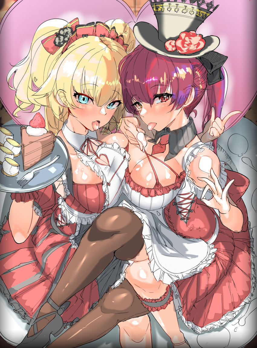2girls absurdres akai_haato alternate_costume apron black_footwear black_headwear black_legwear blue_eyes bow breast_press breasts cake cleavage dress food fork fruit hair_behind_ear hair_bow heterochromia highres hololive houshou_marine large_breasts leg_strap multiple_girls ok_sign open_mouth red_bow red_dress red_eyes seventh_sugune strawberry symmetrical_docking thighhighs tongue tongue_out twintails two_side_up virtual_youtuber yellow_eyes