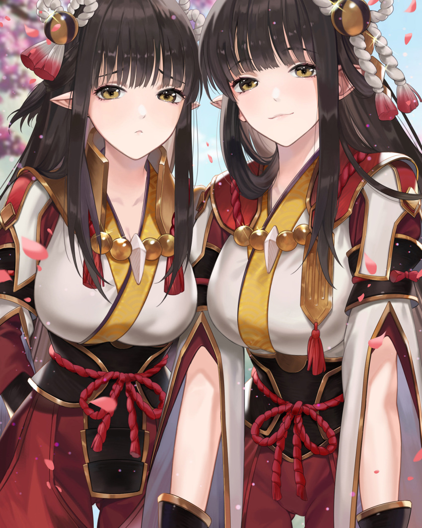 2girls arms_behind_back bangs black_hair blue_sky blunt_bangs breasts cherry_blossoms closed_mouth collarbone commentary_request day eyebrows_visible_through_hair hair_ornament highres hime_cut hinoa japanese_clothes kimono large_breasts lips long_hair looking_at_viewer minoto monster_hunter_(series) monster_hunter_rise multiple_girls outdoors peach_luo petals pink_lips pointy_ears siblings sidelocks sisters sky smile straight_hair tassel twins upper_body white_kimono wide_sleeves yellow_eyes