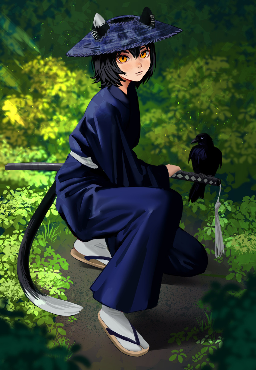 absurdres animal_ear_fluff animal_ears belt bird bird_on_weapon black_bird black_hair black_hat black_kimono blurry blurry_background blurry_foreground blush bob_cut brown_footwear cat_ears cat_girl cat_tail closed_mouth clover commentary crow dappled_sunlight depth_of_field dungeon_meshi expressionless eyelashes field foliage from_above hair_between_eyes hat highres izutsumi japanese_clothes katana kimono light_blush light_particles lips looking_at_viewer looking_up obi on_one_knee outdoors perched romaji_commentary sandals sash shadow sheath sheathed short_hair slit_pupils socks squatting straw_hat sun_hat sunlight sverhnova sword tabi tail weapon white_belt white_sash white_socks yellow_eyes zouri