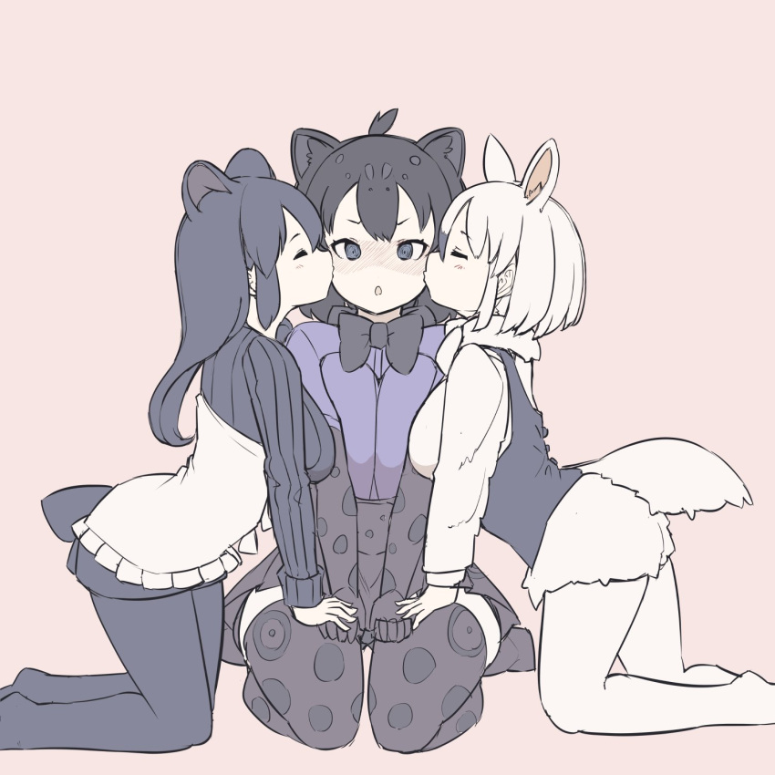 3girls animal_ears anteater_ears anteater_tail bird_witch black_bow black_bowtie black_corset black_gloves black_hair black_jaguar_(kemono_friends) black_legwear black_skirt black_sweater blue_eyes blush bow bowtie closed_eyes corset extra_ears eyebrows_visible_through_hair girl_sandwich gloves hands_on_lap highres jaguar_ears jaguar_girl jaguar_print jaguar_tail kemono_friends kiss kissing_cheek long_sleeves malayan_tapir_(kemono_friends) multiple_girls no_shoes pantyhose pleated_skirt print_gloves print_legwear purple_shirt sandwiched seiza shirt short_hair short_shorts short_sleeves shorts sitting skirt southern_tamandua_(kemono_friends) sweater tail tapir_girl tapir_tail thighhighs white_legwear white_shorts white_sweater zettai_ryouiki