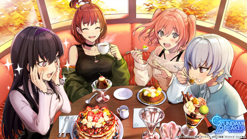 +_+ 4girls artist_request autumn autumn_leaves banana_slice black_hair black_straps black_tank_top blue_hair blueberry blush booth_seating bow breasts brown_hair cherry chocolate_syrup collared_shirt commentary copyright copyright_name cream cup cushion dessert eating fingernails food food_on_face fork fruit glass green_jacket grey_eyes gundam gundam_breaker_mobile hairband haro high_ponytail highres holding holding_spoon ichinose_yuri jacket jacket_partially_removed jitome knife kotomori_ren kuzunoha_rindou large_breasts lavender_shirt long_hair medium_breasts miyama_sana multiple_girls off_shoulder official_art open_mouth pancake parfait pink_hair pitcher plaid plaid_skirt plate pudding purple_eyes purple_hairband ribbed_shirt ribbed_sweater saucer shirt short_hair skirt sleeve_cuffs small_breasts spoon star_(symbol) steam strawberry suspender_skirt suspenders sweatdrop sweater table tank_top taut_clothes taut_shirt tied_hair topknot two_side_up wafer_stick whipped_cream white_sweater window