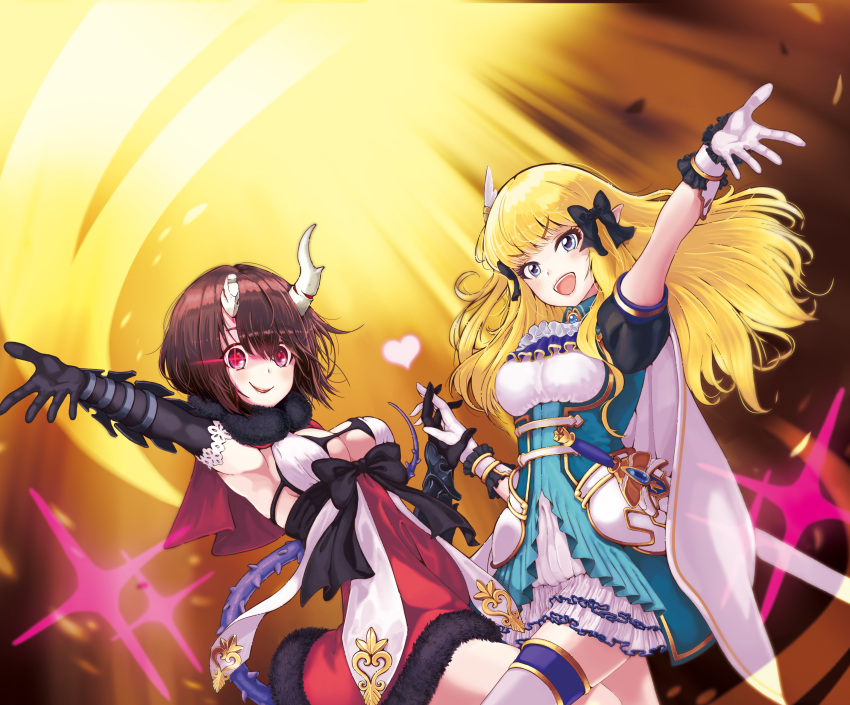 2girls :d absurdres arm_guards armor bangs black_bow black_bra black_gloves blonde_hair blue_dress blue_eyes blunt_bangs bow bra breasts broken_horn brown_hair cape capelet cleavage commentary_request crazy_smile demon_girl demon_horns dress elbow_gloves elf eriko_(princess_connect!) eyebrows_visible_through_hair fur-trimmed_capelet fur-trimmed_dress fur_trim gauntlets gloves glowing glowing_eyes hair_bow heart highres hip_armor holding_hands horns ijiwaru_(a2184184) interlocked_fingers lace-trimmed_gloves lace_trim large_breasts long_hair looking_at_viewer multiple_girls open_mouth outstretched_arm pointy_ears princess_connect! purple_eyes red_capelet red_dress saren_(princess_connect!) short_dress short_hair short_sleeves smile spiked_tail sword tail thighhighs underwear v-shaped_eyebrows weapon white_cape white_gloves white_legwear
