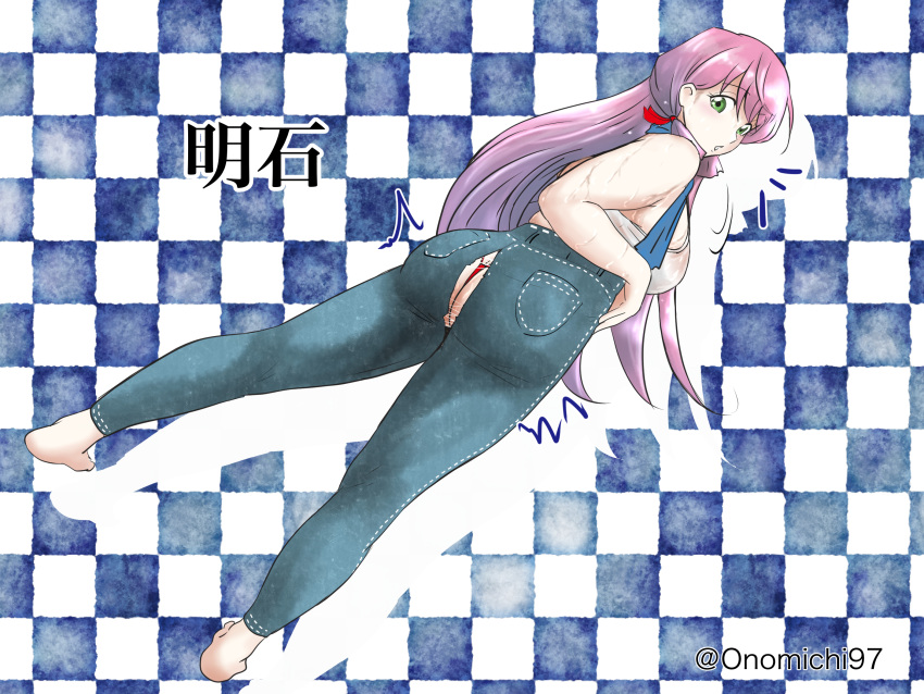 1girl akashi_(kancolle) ass bangs barefoot blue_pants breasts character_name denim eyebrows_visible_through_hair from_behind green_eyes hair_ribbon highres jeans kantai_collection large_breasts long_hair looking_at_viewer looking_back onomichi_(528959) panties pants pink_hair red_panties red_ribbon ribbon solo sweat torn_clothes torn_pants towel tress_ribbon twitter_username underwear wardrobe_malfunction