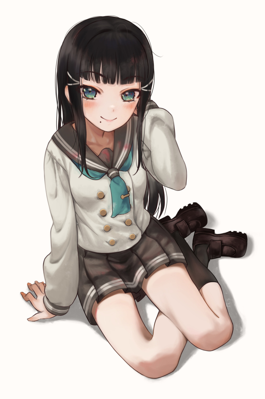 1girl aqua_neckerchief bangs black_hair blush commentary eyebrows_visible_through_hair green_eyes hair_ornament highres hime_cut kurosawa_dia looking_at_viewer love_live! love_live!_sunshine!! md5_mismatch mole mole_under_mouth neckerchief resolution_mismatch school_uniform sidelocks sitting smile solo source_smaller torriet uranohoshi_school_uniform white_background yokozuwari