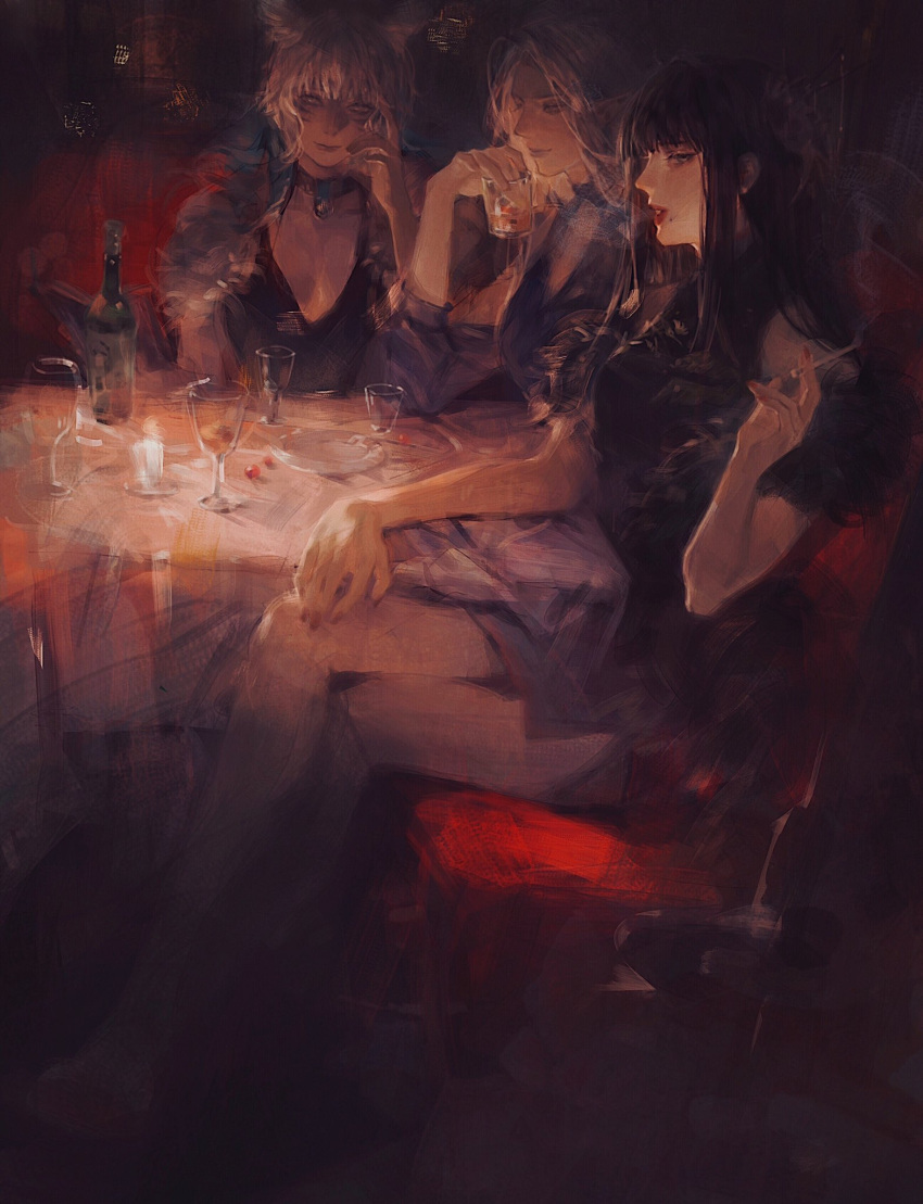 3girls alcohol animal_ears bangs black_dress black_hair blue_dress blunt_bangs bottle cat_ears cigarette collar commentary_request couch cup dress drinking_glass elezen elf facepaint final_fantasy final_fantasy_xiv flower fur_trim grey_eyes hair_flower hair_ornament hand_on_own_face highres holding holding_cigarette holding_cup hyur indoors leaning_on_table long_hair looking_down miqo'te mole mole_under_mouth multiple_girls plate pointy_ears red_lips red_nails short_hair silver_hair sitting smoking sukiri table tablecloth wine wine_bottle wine_glass y'shtola_rhul yotsuyu_(ff14) ysayle_dangoulain