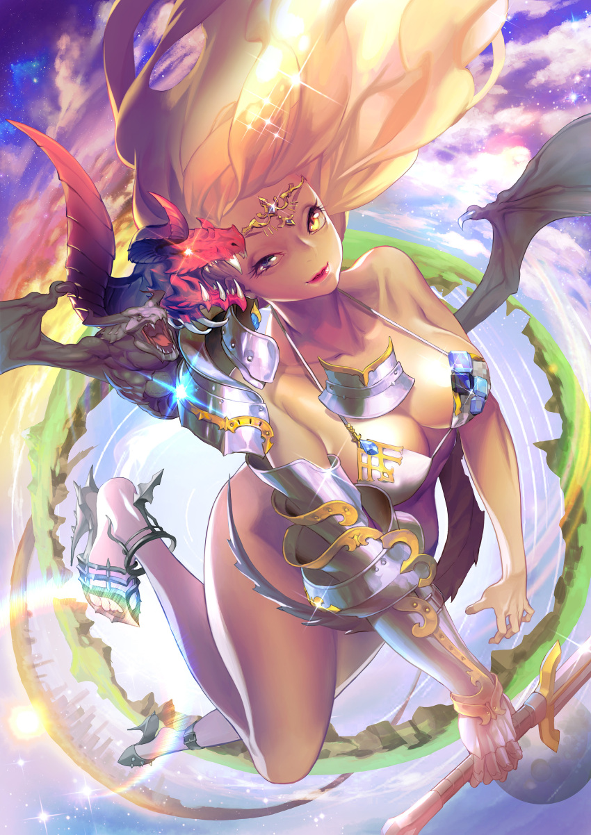 1girl absurdres anklet armor bare_shoulders barefoot blonde_hair breasts cleavage cloud collarbone commentary dragon english_commentary flying high_heels highres horns jewelry large_breasts lips lipstick long_hair looking_at_viewer lucy_(bechoco) makeup mountain original sky smile solo sparkle star_(sky) starry_sky sun swimsuit weapon wings yellow_eyes