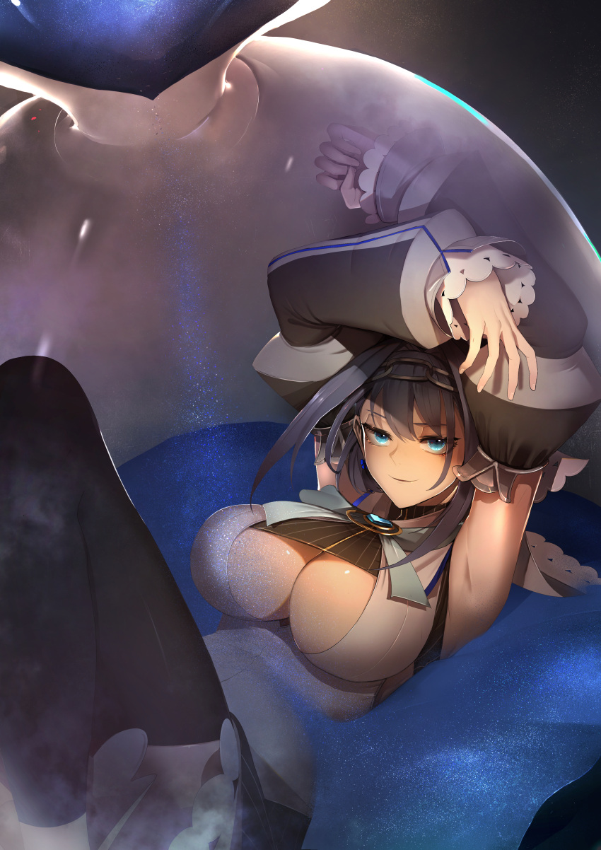 1girl absurdres arms_up blue_eyes blue_hair breasts detached_sleeves highres hololive hololive_english hourglass large_breasts lordroach lying on_back ouro_kronii sand thighhighs virtual_youtuber