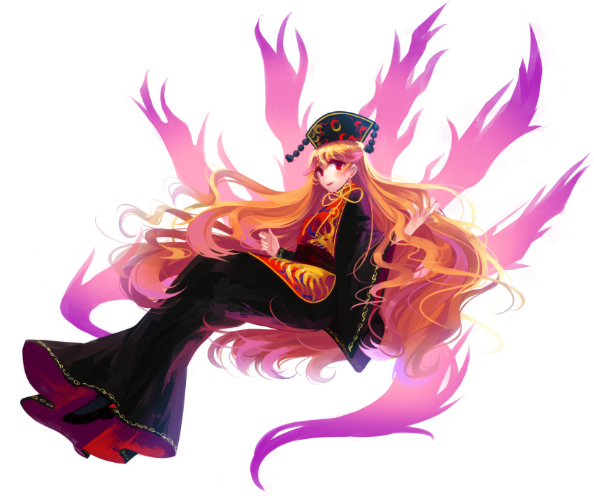 1girl absurdres aura bangs black_dress blonde_hair blush breasts chinese_clothes closed_mouth cowboy_shot dress energy eyebrows_visible_through_hair floating fox_tail from_side hair_between_eyes headgear highres junko_(touhou) large_breasts long_hair long_skirt long_sleeves looking_at_viewer multiple_tails phoenix_crown pom_pom_(clothes) red_eyes sidelocks simple_background skirt smile solo tabard tail tassel tateshina_ryouko touhou very_long_hair white_background wide_sleeves