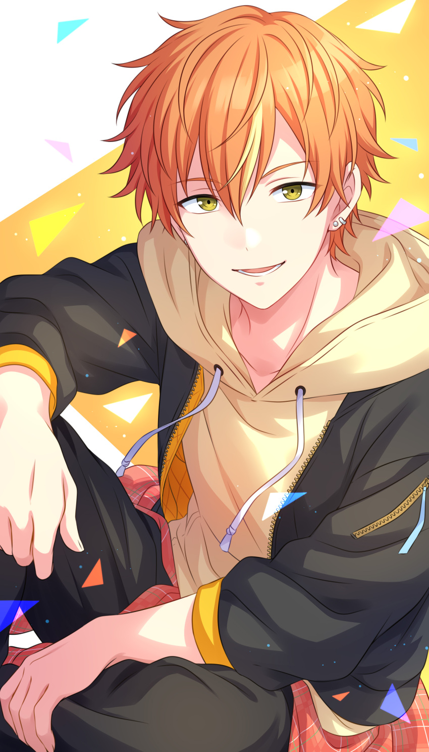 1boy :d absurdres bangs black_jacket black_pants blonde_hair confetti ear_piercing earrings green_eyes highres hood hood_down hoodie jacket jewelry looking_at_viewer male_focus multicolored_hair open_clothes open_jacket open_mouth orange_hair pants piercing project_sekai sekina shinonome_akito short_hair simple_background sitting smile solo two-tone_hair yellow_hoodie