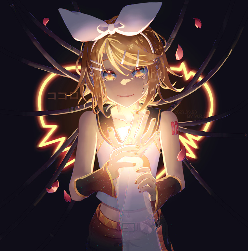 1boy 1girl android arm_warmers bangs bare_shoulders belt black_background black_collar blonde_hair blue_eyes bow cable cardiogram collar collarbone commentary cropped_shirt crying crying_with_eyes_open glowing hair_bow hair_ornament hairclip hand_on_another's_chest heartbeat holding_another's_arm kagamine_rin kokoro_(vocaloid) light_in_heart looking_at_viewer midriff nail_polish navel neckerchief out_of_frame petals pov pov_hands sailor_collar school_uniform shirt short_hair shoulder_tattoo sleeveless sleeveless_shirt smile solo_focus song_name swept_bangs tattoo tears translated vocaloid w.r.b white_bow white_shirt yellow_nails yellow_neckerchief
