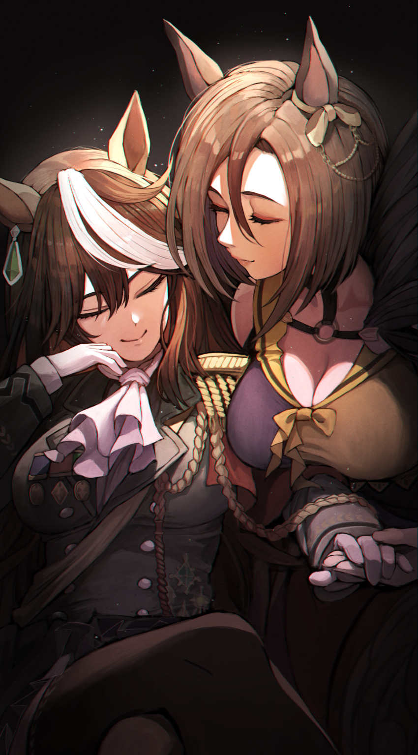 2girls aiguillette air_groove_(umamusume) animal_ears ascot bangs black_background black_coat black_legwear black_skirt breasts brown_hair brown_shirt buttons cleavage closed_eyes closed_mouth coat commentary crossed_legs double-breasted epaulettes eyebrows_visible_through_hair eyelashes eyeshadow gloves gradient gradient_background hair_between_eyes hair_ornament highres holding_hands horse_ears horse_girl large_breasts light_particles lips long_hair long_sleeves makeup marse_(rokudaime) miniskirt multicolored_hair multiple_girls o-ring pantyhose parted_bangs pleated_skirt purple_shirt shirt simple_background sitting skirt smile streaked_hair symboli_rudolf_(umamusume) two-tone_hair two-tone_shirt umamusume white_ascot white_gloves white_hair