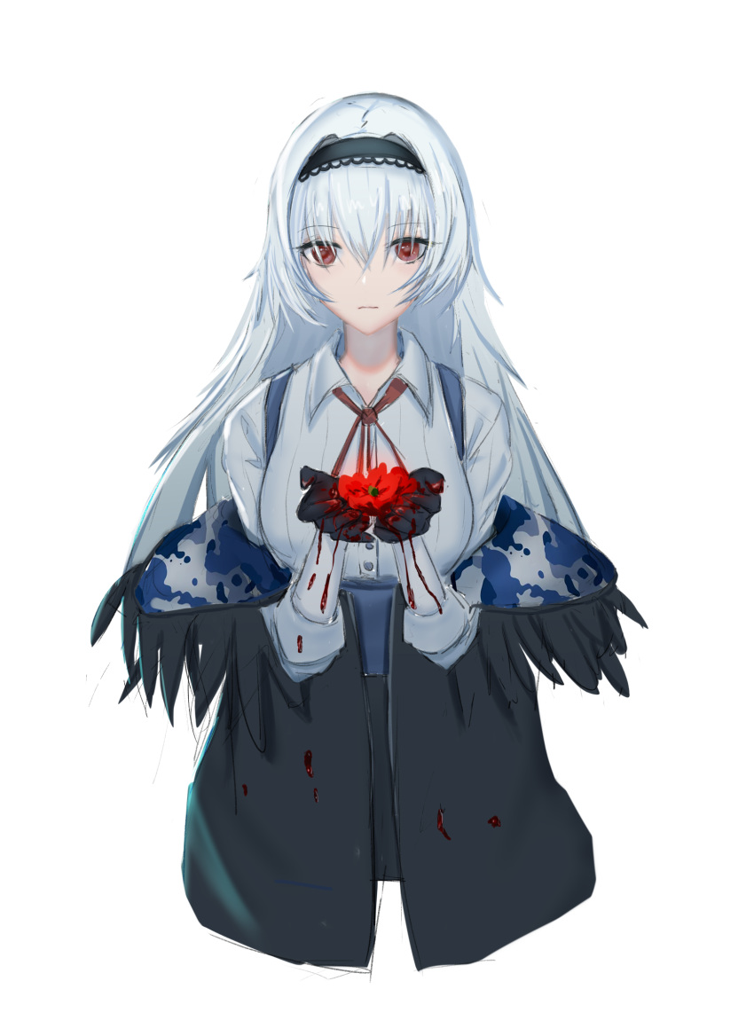 1girl anming black_hairband black_jacket black_skirt blood blood_on_clothes blood_on_hands breasts closed_mouth eyebrows_visible_through_hair flower girls'_frontline hair_between_eyes hairband highres holding holding_flower jacket jacket_pull light_blue_hair long_hair looking_at_viewer medium_breasts neck_ribbon red_eyes red_ribbon ribbon shirt skirt solo suspender_skirt suspenders thunder_(girls'_frontline) white_background white_shirt