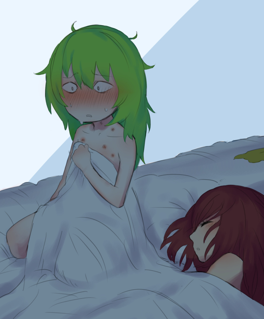 2girls after_sex bangs bed_sheet blush closed_eyes commentary_request constricted_pupils cookie_(touhou) daiyousei diyusi_(cookie) eyebrows_visible_through_hair flat_chest full_body gaburin green_hair hickey highres long_hair messy_hair multiple_girls naked_sheet nose_blush nude on_bed onozuka_komachi open_mouth red_hair ruined_for_marriage shishou_(cookie) sitting sitting_on_bed sleeping touhou under_covers yuri