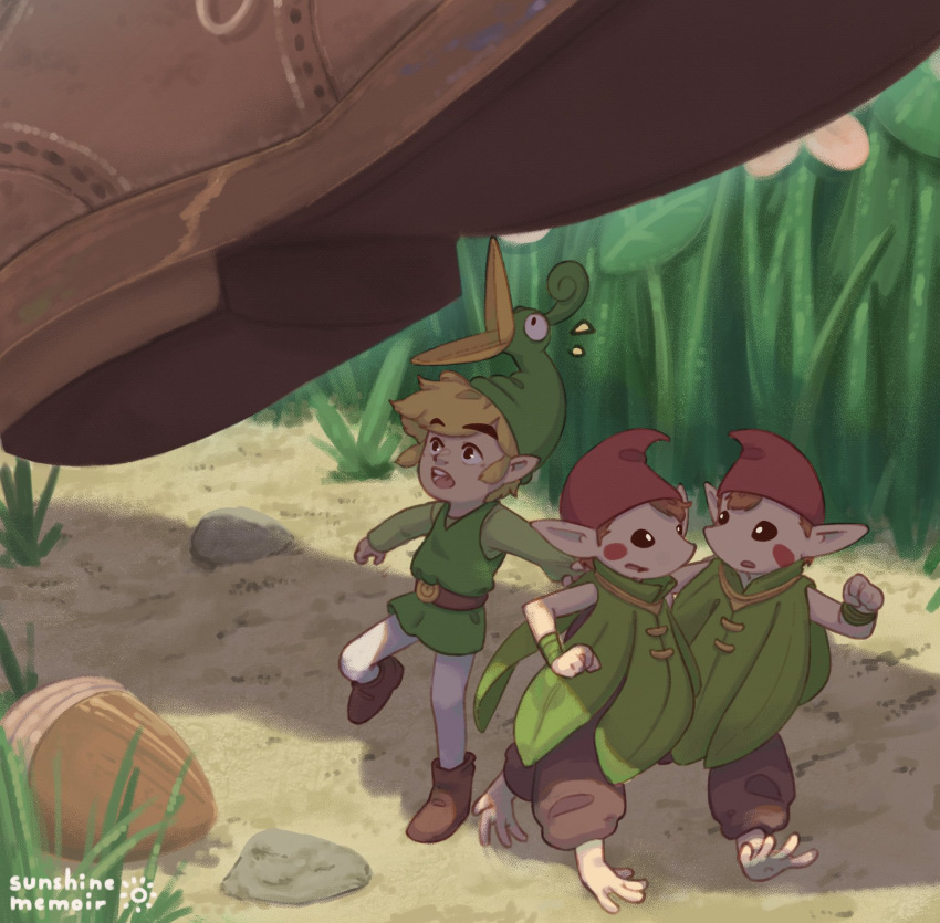 1boy acorn androgynous blonde_hair boots brown_hair brown_pants commentary english_commentary ezlo facial_mark grass green_tunic highres khiuly link miniboy minish pants pebble red_headwear sidelocks size_difference surprised the_legend_of_zelda the_legend_of_zelda:_the_minish_cap white_legwear