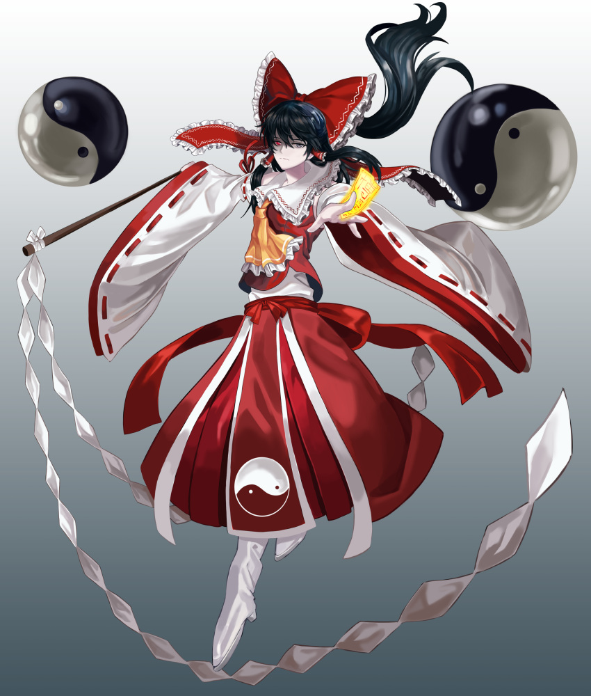 1girl :| absurdres adapted_costume ascot bangs between_fingers black_hair boots bow closed_mouth commentary eyebrows_visible_through_hair frilled_shirt_collar frills gohei grey_background grey_eyes hair_between_eyes hair_bow hair_tubes hakurei_reimu heterochromia highres long_hair long_sleeves looking_at_viewer ofuda orb ponytail red_bow red_eyes red_skirt red_vest reki_(user_rcrd4534) ribbon-trimmed_sleeves ribbon_trim skirt solo touhou vest white_footwear wide_sleeves yin_yang yin_yang_orb yin_yang_print