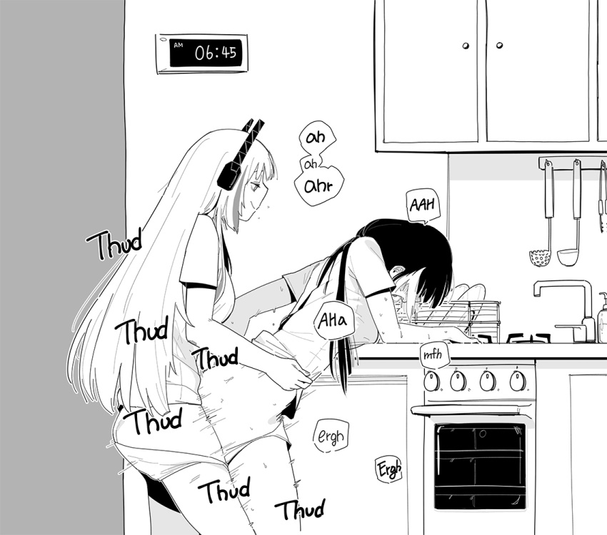 2girls bent_over blush cabinet dishes faucet from_side futa_with_female futanari girls'_frontline greyscale headgear huqu implied_futanari indoors ladle long_hair low_twintails m4_sopmod_ii_(girls'_frontline) monochrome motion_blur multicolored_hair multiple_girls oven panties panty_pull ro635_(girls'_frontline) sex sex_from_behind shirt short_sleeves sink smile standing standing_sex streaked_hair timestamp twintails underwear