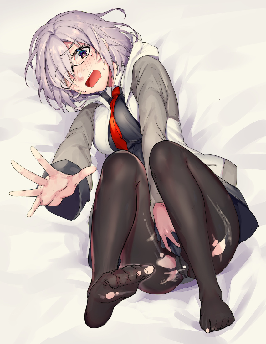 1girl absurdres black_dress black_legwear blush breasts covering covering_crotch dress eyebrows_visible_through_hair fate/grand_order fate_(series) feet glasses hair_over_one_eye highres jacket light_purple_hair looking_at_viewer mash_kyrielight mogullaz necktie no_shoes panties panties_under_pantyhose pantyhose purple_eyes purple_hair short_hair solo toe_scrunch toes torn_clothes torn_legwear underwear wavy_mouth