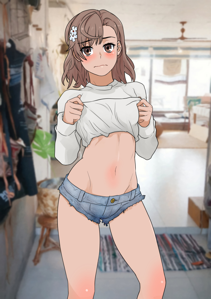 1girl absurdres bangs blurry blurry_background blush brown_eyes brown_hair ceiling_fan cheese_cat clothes_lift denim denim_shorts feet_out_of_frame flower frown hair_flower hair_ornament highres leaf midriff misaka_mikoto navel photo_background rug shirt_lift short_shorts shorts solo stool thighs toaru_kagaku_no_railgun toaru_majutsu_no_index window