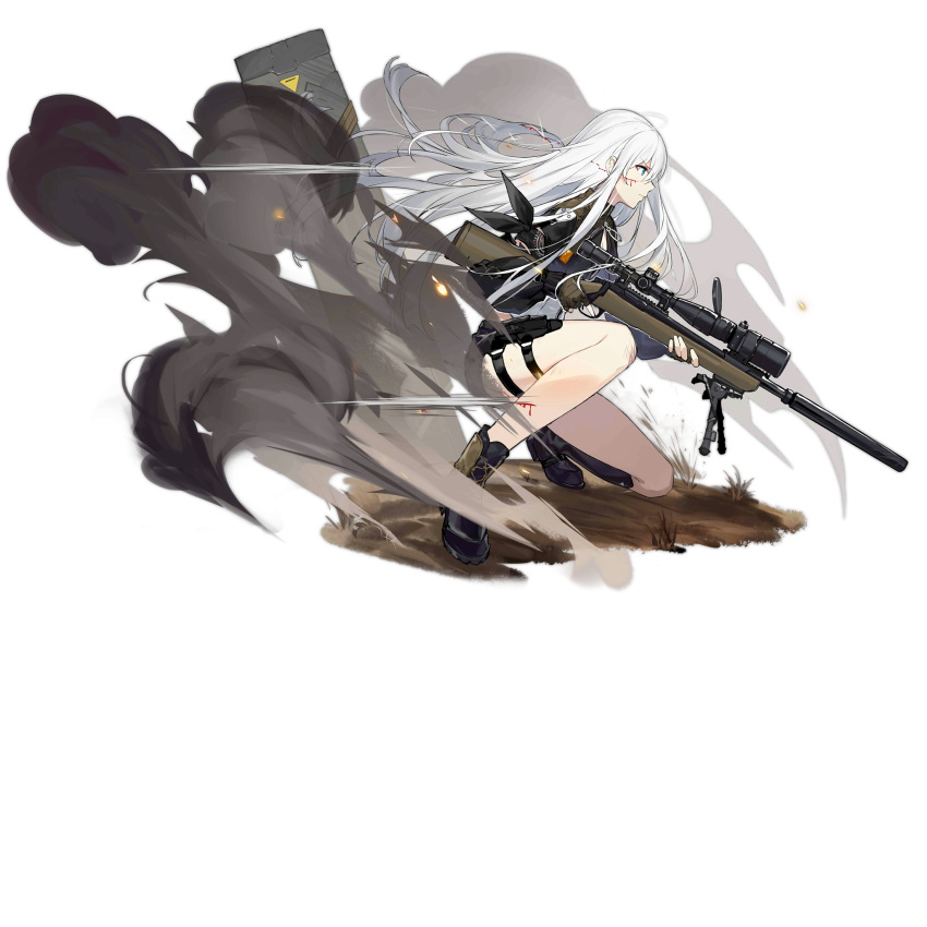 1girl bandana_around_thighs black_footwear blood blood_on_face blue_eyes boots brown_gloves closed_mouth eyebrows_visible_through_hair fingerless_gloves floor girls'_frontline gloves gun highres holding holding_weapon holster long_hair looking_away mod3_(girls'_frontline) official_alternate_costume official_art rifle shi-chen silver_hair sitting smoke sniper_rifle solo thighs transparent_background weapon xm3_(girls'_frontline)