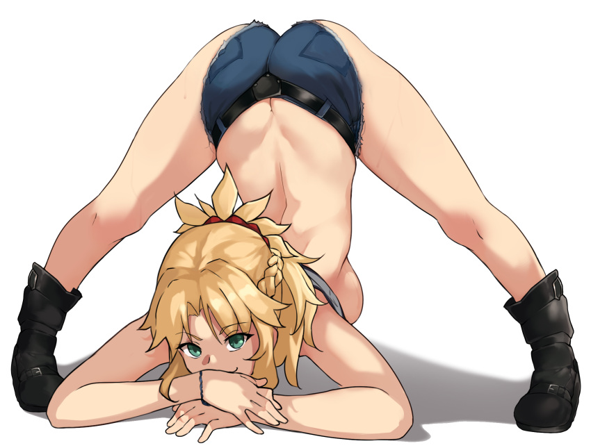 1girl ass bandeau bangs bare_shoulders black_footwear blonde_hair blue_shorts blush boots braid breasts cutoffs denim denim_shorts fate/apocrypha fate_(series) flexible french_braid green_eyes hair_ornament hair_scrunchie hands_on_ground highres jack-o'_challenge long_hair looking_at_viewer meme mordred_(fate) mordred_(fate/apocrypha) parted_bangs ponytail pose scrunchie short_shorts shorts sidelocks small_breasts smile solo spread_legs stretch todding top-down_bottom-up wide_spread_legs