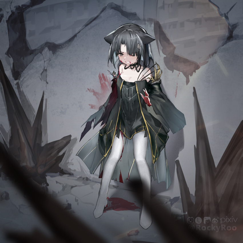 1girl animal_ear_fluff animal_ears arknights bangs bare_shoulders black_dress black_hair blood blood_drip blood_from_mouth blood_on_face blurry blurry_background clenched_teeth commentary_request depth_of_field dress eyebrows_visible_through_hair grey_eyes highres long_sleeves mandrake_(arknights) one_eye_closed pantyhose parted_bangs rockyroo solo standing strapless strapless_dress tears teeth v-shaped_eyebrows white_legwear wide_sleeves