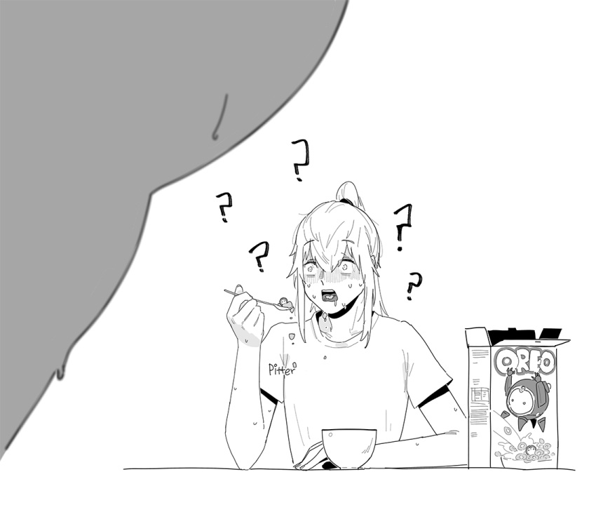 2girls ? ?? blush bowl breakfast cereal cereal_box eating girls'_frontline goliath_(girls'_frontline) greyscale huqu monochrome multiple_girls open_mouth ro635_(girls'_frontline) st_ar-15_(girls'_frontline) voyeurism wide-eyed
