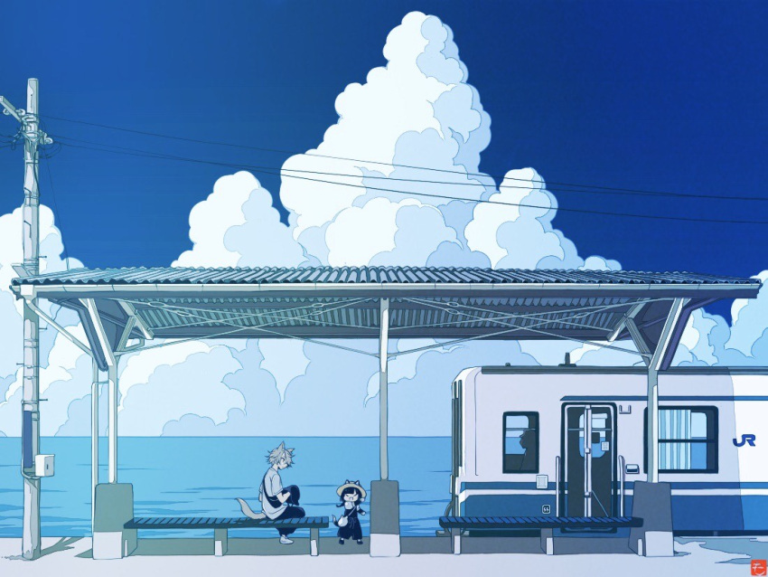 animal_ears bangs bench blue_sky blue_theme blunt_bangs cat_ears cloud corrugated_galvanised_iron_sheet cumulonimbus_cloud ears_through_headwear ground_vehicle hat ligne_claire ocean on_bench original outdoors power_lines scenery sitting sitting_on_bench sky standing summer tail torimomu train train_station utility_pole