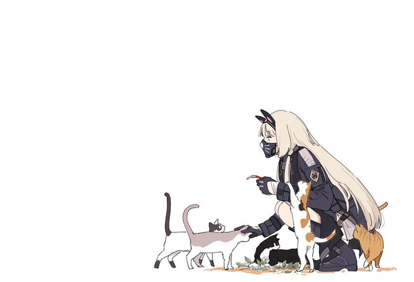 1girl an-94_(girls'_frontline) animal_ears black_coat black_footwear black_gloves blonde_hair boots cat_ears cat_mask coat from_side girls'_frontline gloves headpat huqu long_hair long_sleeves mask mouth_mask negative_space petting simple_background solo squatting white_background
