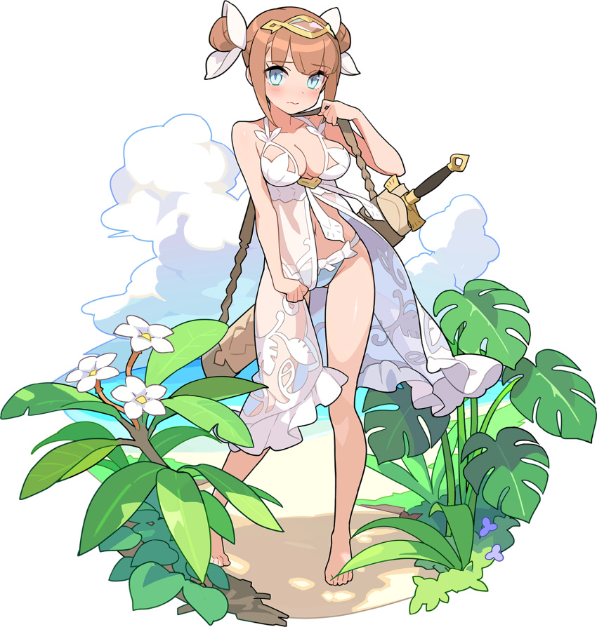 1girl artist_request babydoll bangs bare_shoulders barefoot beach bikini blue_eyes blunt_bangs blush breasts brown_hair bun_cover closed_mouth cloud collarbone day double_bun eyebrows_visible_through_hair fern flower full_body gem hand_up headpiece highres holding_strap lilith_(world_flipper) looking_at_viewer medium_breasts navel non-web_source ocean official_alternate_costume official_art outdoors sand see-through sheath sheathed shiny shiny_hair shiny_skin short_hair shy sidelocks skindentation solo stomach swimsuit tied_hair transparent_background water wavy_mouth weapon weapon_on_back white_bikini white_flower world_flipper