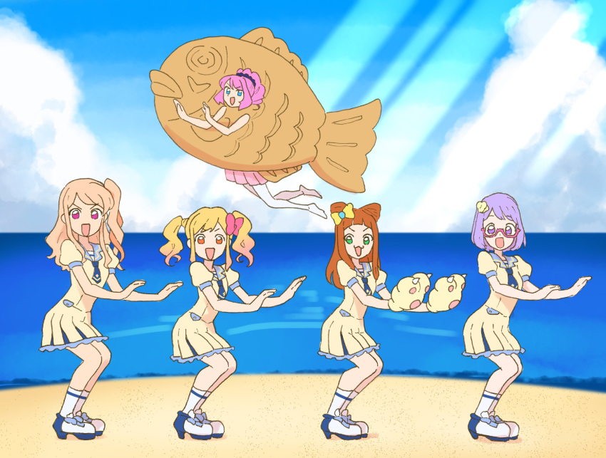 5girls aikatsu!_(series) aikatsu_stars! animal_hands blonde_hair blue_eyes brown_hair commentary dancing food glasses gloves gradient_hair highres jewelry kasumi_mahiru kumahubuki long_hair looking_at_viewer multicolored_hair multiple_girls namesake nanakura_koharu nijino_yume open_mouth parody paw_gloves pink_hair ponytail precure purple_hair red-framed_eyewear sakuraba_rola saotome_ako school_uniform smile symbol-only_commentary taiyaki tropical-rouge!_precure uniform wagashi water yotsuboshi_academy_uniform