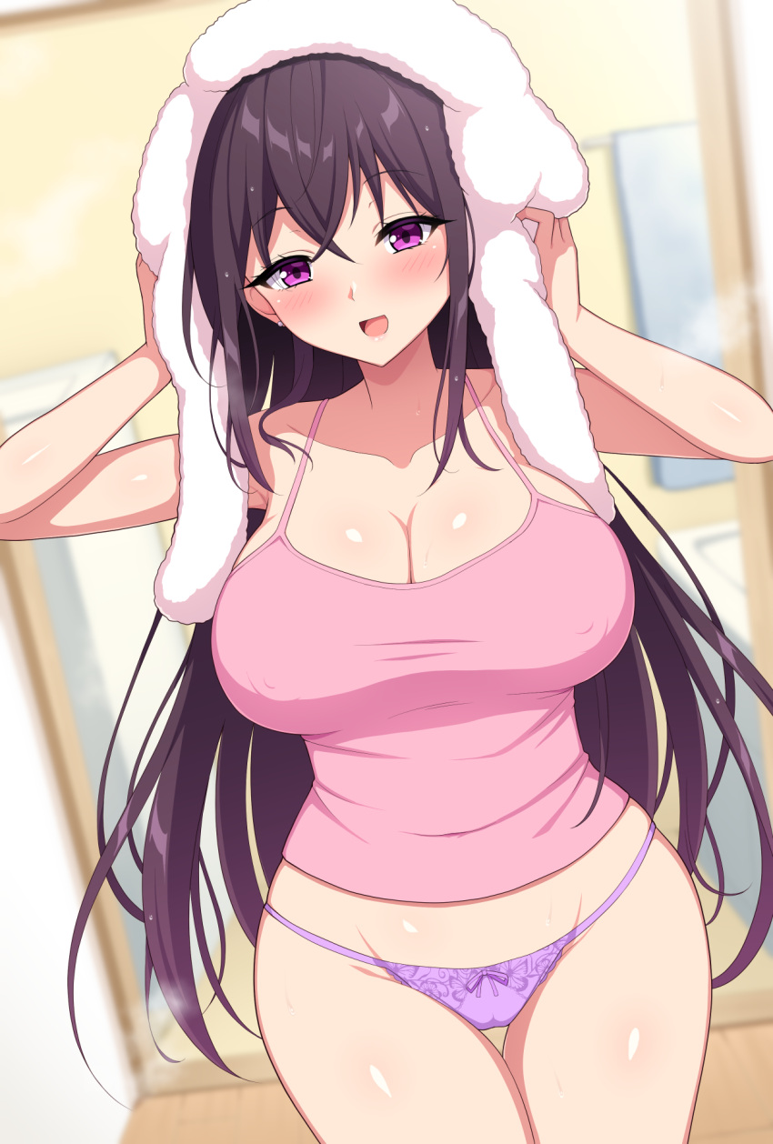 1girl :d aikome_(haikome) bangs bath black_hair blurry blurry_background blush bow bow_panties breasts cameltoe camisole cleavage collarbone commentary_request covered_nipples cowboy_shot crossed_bangs drying drying_hair dutch_angle earrings eyebrows_visible_through_hair highres jewelry large_breasts long_hair looking_at_viewer midriff_peek open_mouth original panties purple_eyes purple_panties shirt smile solo steaming_body stud_earrings thigh_gap towel towel_on_head underwear very_long_hair wet