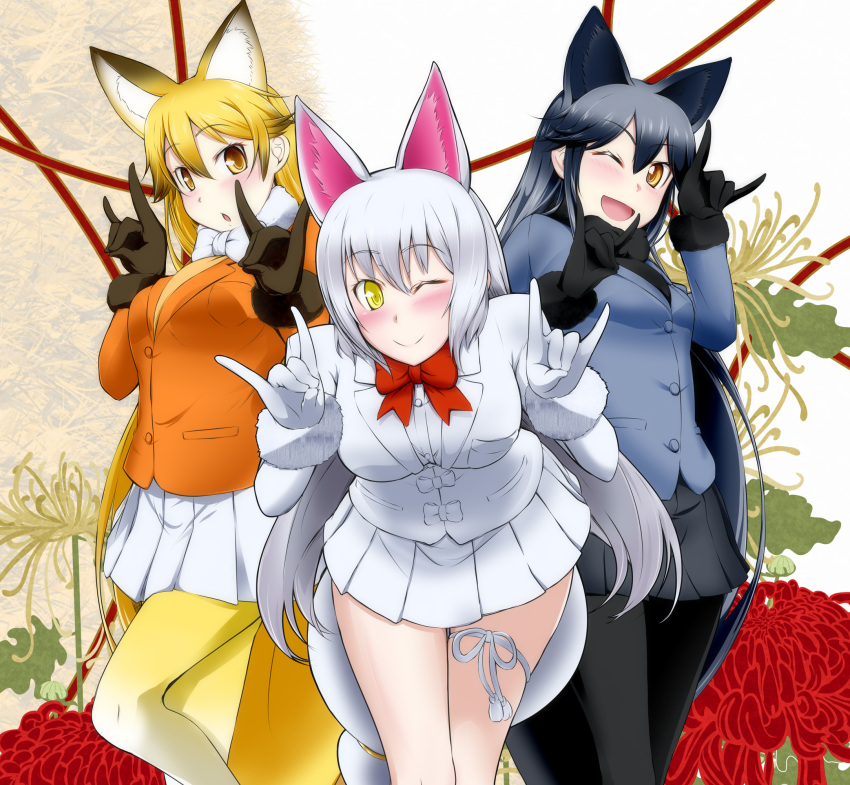 3girls ;) ;d animal_ears bangs bare_legs black_bow black_bowtie black_gloves black_hair black_legwear black_skirt blonde_hair blue_jacket blush bow bowtie breast_pocket brown_gloves brown_hair buttons closed_mouth commentary_request extra_ears eyebrows_visible_through_hair ezo_red_fox_(kemono_friends) feet_out_of_frame floral_background flower fox_ears fox_girl fox_shadow_puppet fox_tail fur-trimmed_sleeves fur_trim gloves gradient gradient_legwear grey_hair hair_between_eyes highres jacket kemono_friends leaning_forward long_hair long_sleeves looking_at_viewer miniskirt multicolored_hair multiple_girls mun oinari-sama_(kemono_friends) one_eye_closed open_mouth orange_eyes orange_jacket pantyhose parted_lips pleated_skirt pocket sidelocks silver_fox_(kemono_friends) skirt smile standing tail thigh_strap two-tone_hair very_long_hair white_gloves white_jacket white_skirt yellow_eyes
