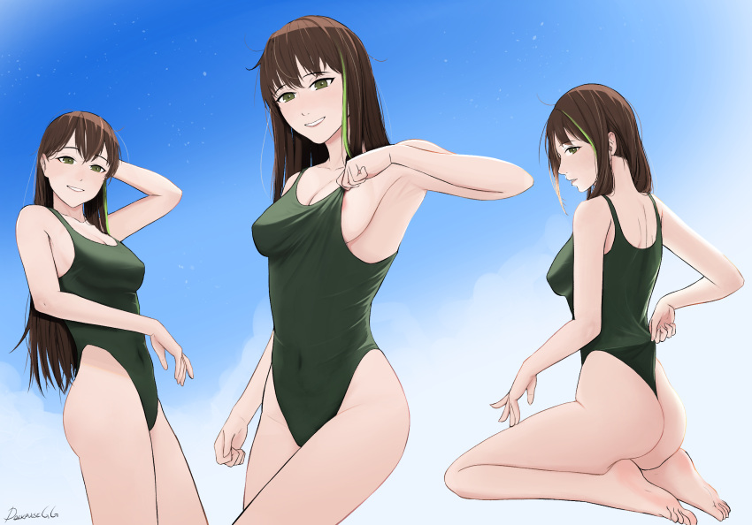 1girl artist_name back bare_legs barefoot blue_sky blush breasts brown_hair collarbone commission competition_swimsuit covered_navel darkpulsegg eyebrows_visible_through_hair feet feet_out_of_frame girls'_frontline green_eyes green_swimsuit highleg highres long_hair looking_at_viewer looking_to_the_side m4a1_(girls'_frontline) medium_breasts multicolored_hair one-piece_swimsuit sitting sky smile soles solo standing swimsuit thighs