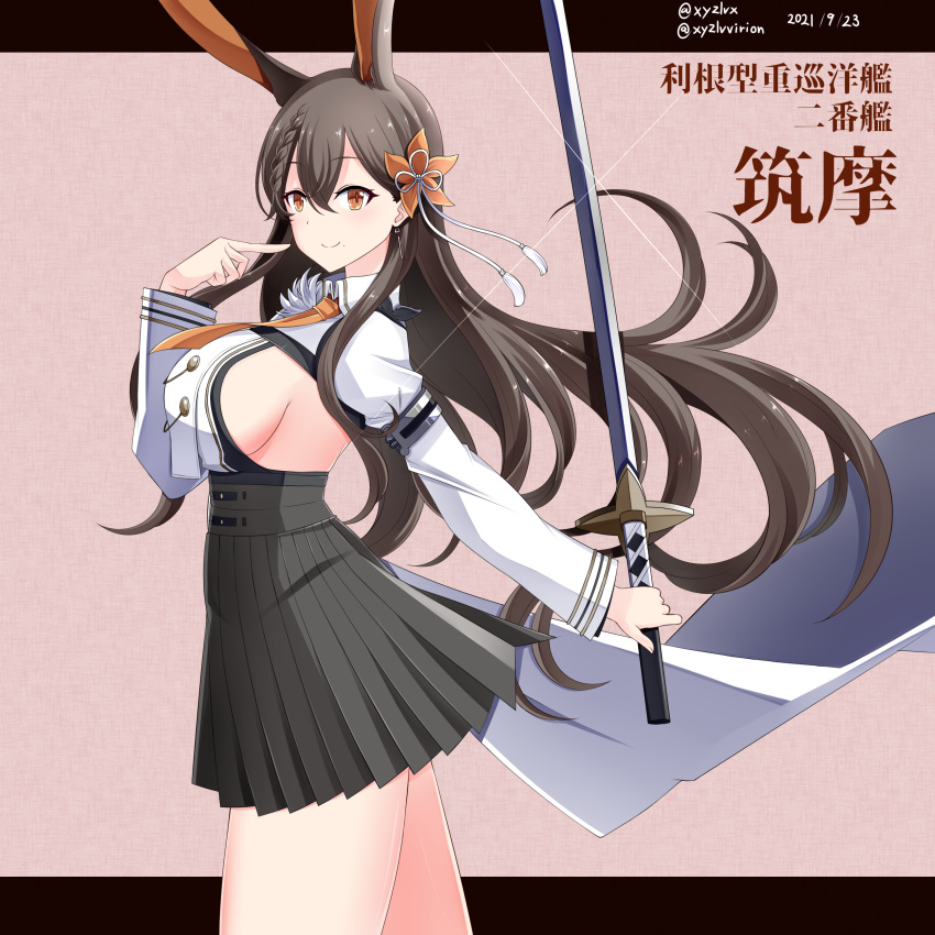 1girl absurdres animal_ears azur_lane bangs black_hair braid breasts brown_eyes chikuma_(azur_lane) commentary_request dated eyebrows_visible_through_hair from_side hair_between_eyes hebitsukai-san highres holding holding_sword holding_weapon katana long_hair long_sleeves looking_at_viewer looking_to_the_side necktie pleated_skirt pointing pointing_at_self rabbit_ears sideboob sidelocks simple_background single_braid skirt smile solo sword translation_request twitter_username walking weapon