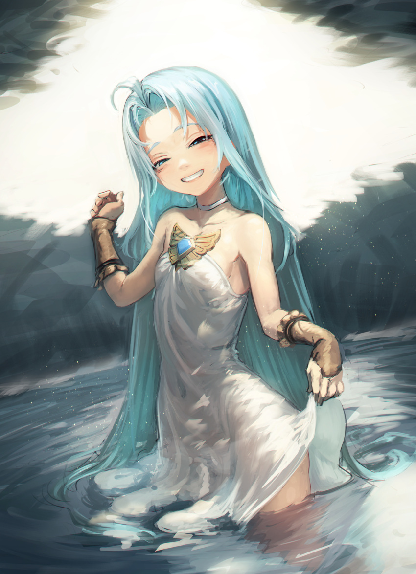 1girl :d ahoge aqua_eyes aqua_hair bare_shoulders blush breasts brown_gloves choker clenched_teeth collarbone cowboy_shot dress fingerless_gloves gloves granblue_fantasy half-closed_eyes highres imoko394 lifted_by_self long_hair looking_at_viewer lyria_(granblue_fantasy) skirt_hold small_breasts smile solo strapless strapless_dress teeth very_long_hair wading water white_choker white_dress