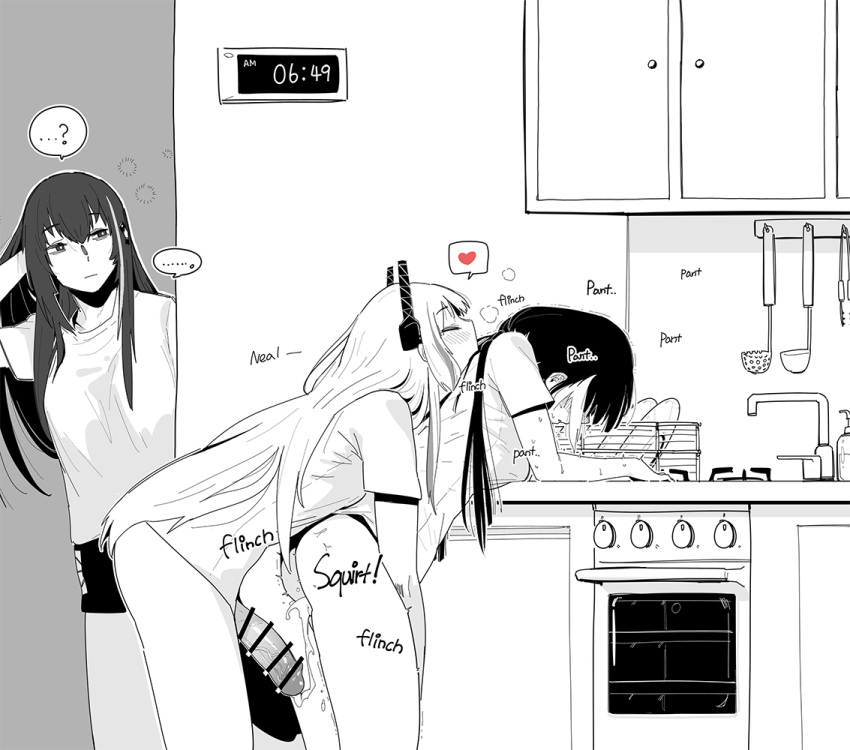 ... 3girls ? after_sex bar_censor bent_over blush bottomless cabinet censored cum cum_string cumdrip dishes faucet from_side futa_with_female futanari girls'_frontline greyscale headgear hug hug_from_behind huqu indoors ladle long_hair low_twintails m4_sopmod_ii_(girls'_frontline) m4a1_(girls'_frontline) monochrome multicolored_hair multiple_girls oven penis ro635_(girls'_frontline) sex sex_from_behind shirt short_sleeves sink spoken_ellipsis spoken_question_mark standing standing_sex streaked_hair timestamp twintails