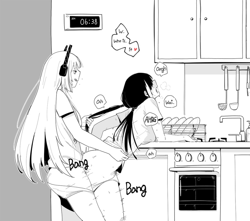 2girls :q bent_over blush cabinet dishes faucet from_side futa_with_female futanari girls'_frontline grabbing_another's_hair greyscale headgear huqu implied_futanari indoors ladle licking_lips long_hair low_twintails m4_sopmod_ii_(girls'_frontline) monochrome multicolored_hair multiple_girls open_mouth oven panties panty_pull rape ro635_(girls'_frontline) sex sex_from_behind shirt short_sleeves sink standing standing_sex streaked_hair timestamp tongue tongue_out torogao twintails underwear