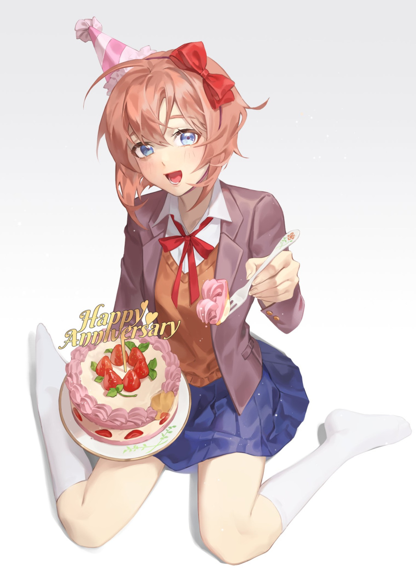 1girl :d anniversary bangs blazer blue_eyes blue_skirt bow brown_jacket brown_vest cake collared_shirt doki_doki_literature_club food fork fruit hair_bow hat highres holding holding_fork holding_plate incoming_food jacket jyuma looking_at_viewer open_mouth party_hat plate red_bow sayori_(doki_doki_literature_club) shirt short_hair sitting skirt smile socks solo strawberry vest wariza white_shirt