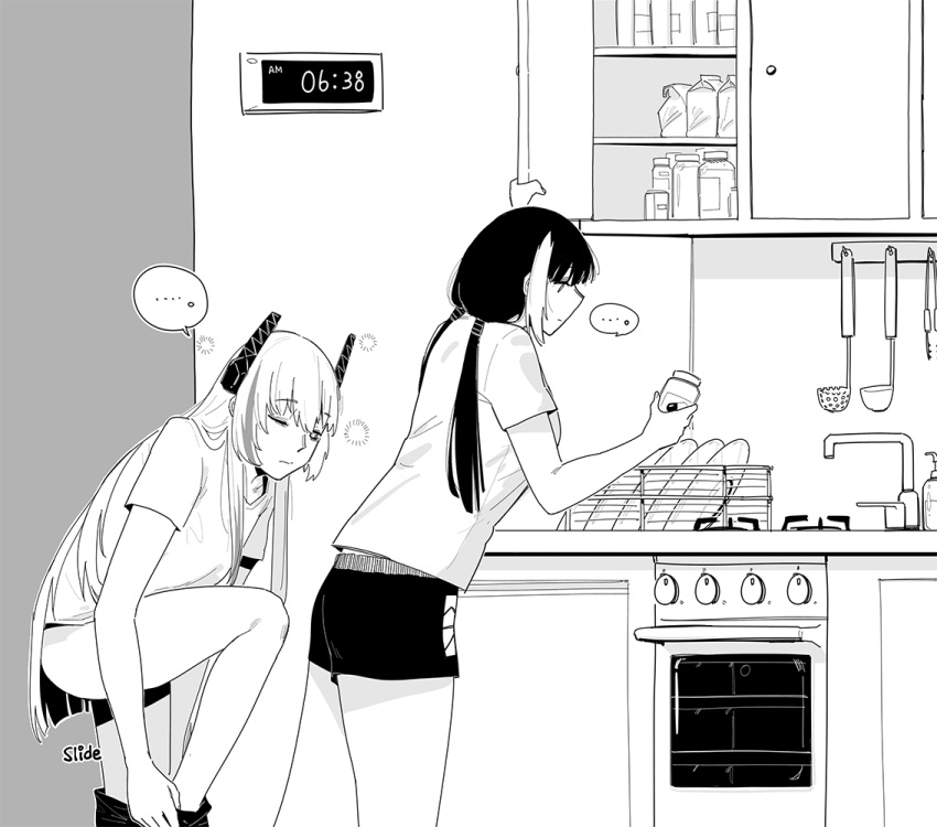 ... 2girls cabinet dishes faucet girls'_frontline greyscale headgear holding huqu indoors jar ladle long_hair low_twintails m4_sopmod_ii_(girls'_frontline) monochrome multicolored_hair multiple_girls oven ro635_(girls'_frontline) shirt short_shorts short_sleeves shorts sink spoken_ellipsis streaked_hair timestamp twintails