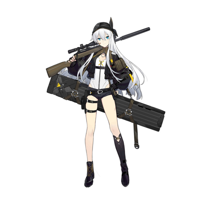 1girl asymmetrical_footwear bandana black_footwear black_jacket black_shorts blue_eyes boots brown_gloves closed_mouth eyebrows_visible_through_hair fingerless_gloves floor full_body girls'_frontline gloves gun hand_on_hip highres holding holding_weapon jacket long_hair looking_at_viewer mod3_(girls'_frontline) official_alternate_costume official_art over_shoulder patch rifle shi-chen shorts silver_hair sniper_rifle solo standing transparent_background uneven_footwear weapon weapon_case weapon_over_shoulder xm3_(girls'_frontline)