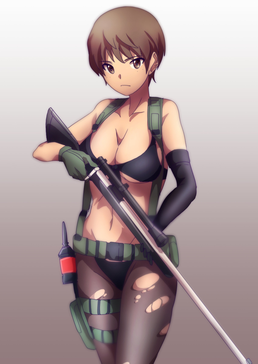 1girl 9s0ykoyama117 absurdres asymmetrical_gloves bangs belt bikini black_bikini black_gloves breasts brown_eyes brown_hair cleavage closed_mouth commentary cosplay cowboy_shot elbow_gloves eyebrows_visible_through_hair freckles frown girls_und_panzer gloves gradient gradient_background green_gloves grey_background gun harness highres holding holding_gun holding_weapon large_breasts looking_at_viewer metal_gear_(series) metal_gear_solid_v mismatched_gloves naomi_(girls_und_panzer) navel pantyhose quiet_(metal_gear) quiet_(metal_gear)_(cosplay) rifle scope short_hair solo standing swimsuit thigh_strap torn_clothes torn_legwear utility_belt very_short_hair weapon