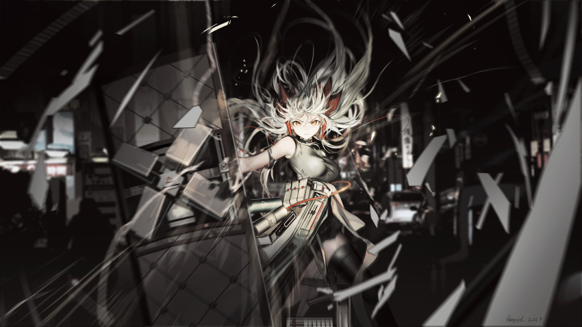 1girl absurdres arknights artist_name black_legwear black_shirt blurry blurry_background breasts dated dragon_horns feet_out_of_frame floating_hair gun hair_between_eyes han_yijie highres holding holding_shield horns large_breasts long_hair looking_at_viewer official_alternate_costume orange_eyes outdoors parted_lips saria_(arknights) saria_(stronghold)_(arknights) shield shirt silver_hair sleeveless sleeveless_shirt solo thighhighs torn_clothes v-shaped_eyebrows weapon wind