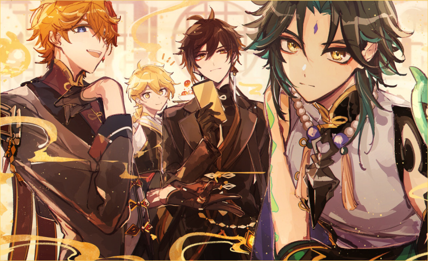 4boys aether_(genshin_impact) aqua_hair arm_tattoo ayano_(katou) bangs bead_necklace beads black_gloves black_hair black_jacket blonde_hair blue_eyes braid brown_hair closed_mouth commentary earrings facial_mark forehead_mark genshin_impact gloves holding jacket jewelry long_hair long_sleeves looking_at_viewer male_focus mask mask_on_head multiple_boys necklace open_mouth orange_hair ponytail seelie_(genshin_impact) single_braid single_earring smile symbol-only_commentary tartaglia_(genshin_impact) tassel tattoo upper_body vision_(genshin_impact) xiao_(genshin_impact) yellow_eyes zhongli_(genshin_impact)