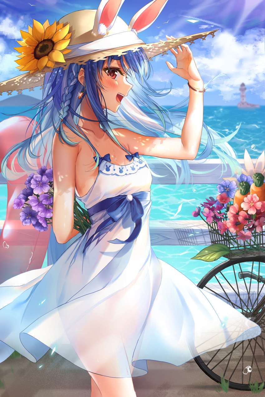 1girl :d absurdres alternate_costume animal_ear_fluff animal_ears arm_behind_back bicycle bird blue_hair blue_ribbon blue_sky blush bracelet braid breasts bunny-shaped_pupils carrot_earrings cloud cloudy_sky collarbone commentary cowboy_shot day dress earrings eyebrows_visible_through_hair eyelashes flower food-themed_earrings french_braid from_side ground_vehicle hat hat_flower highres holding holding_flower hololive innertube jewelry lighthouse long_hair looking_at_viewer multicolored_hair neru0509 ocean open_mouth outdoors pom_pom_(clothes) profile purple_flower rabbit_ears railing red_eyes ribbon see-through sky sleeveless sleeveless_dress small_breasts smile solo spaghetti_strap sparkle straw_hat streaked_hair sun_hat sundress sunflower sunlight sweat symbol-shaped_pupils thick_eyebrows two-tone_hair usada_pekora virtual_youtuber water_drop white_dress white_hair wind