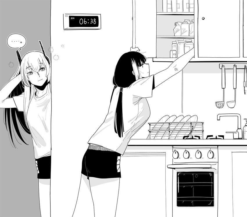 ... 2girls cabinet dishes fang fang_out faucet girls'_frontline greyscale headgear huqu indoors jar ladle long_hair low_twintails m4_sopmod_ii_(girls'_frontline) monochrome multicolored_hair multiple_girls oven ro635_(girls'_frontline) shirt short_shorts short_sleeves shorts sink skin_fang spoken_ellipsis streaked_hair timestamp twintails